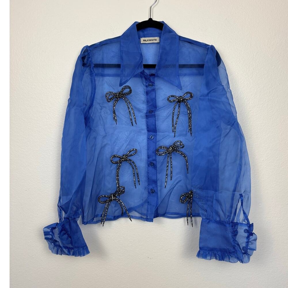 MILKWHITE Silk Sheer Cobalt Blue Bow Ruffle Cuff Coquette Blouse M